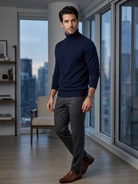 BRODIE Cashmere Merino Wool Turtleneck Sweater Navy Blue Roll Neck Pullover Sz M
